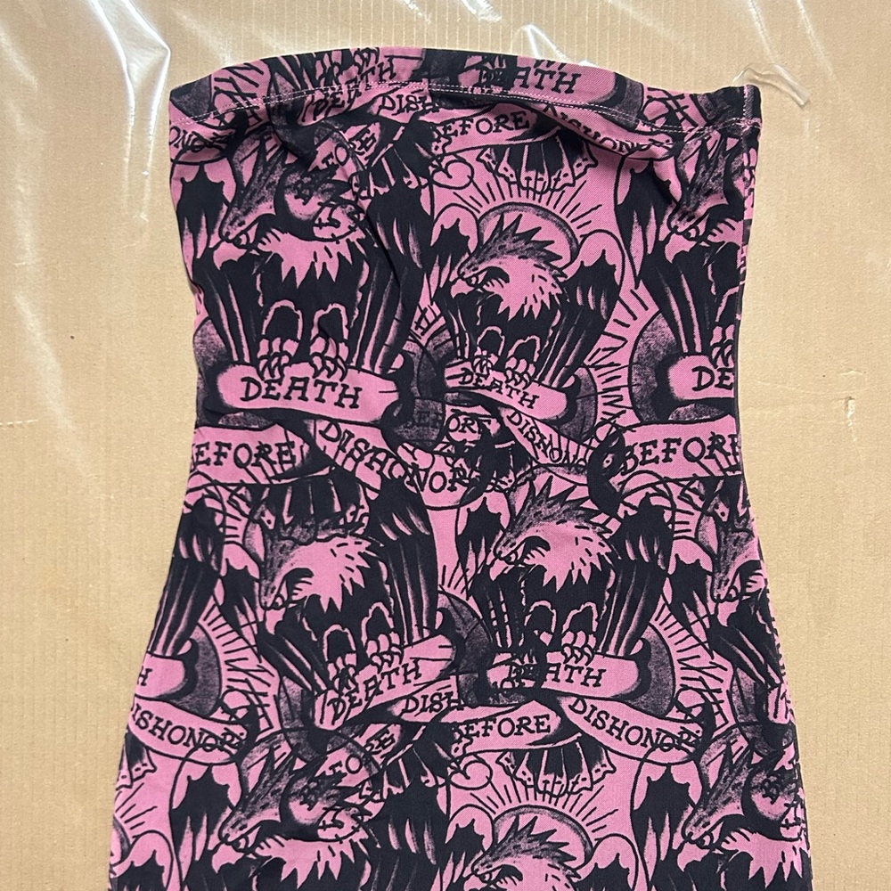 Pink and Black Graphic Strapless Dress